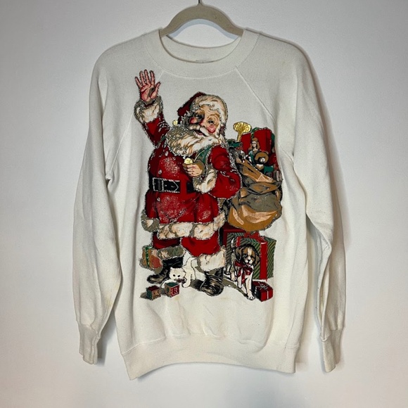 Vintage Old Fashioned Santa Claus Glitter Puffy Paint Sweatshirt - Picture 1 of 9